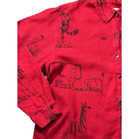 Chico’s red rhino elephant zebra shirt shacket long sleeve size 2 100% linen - Picture 7 of 15